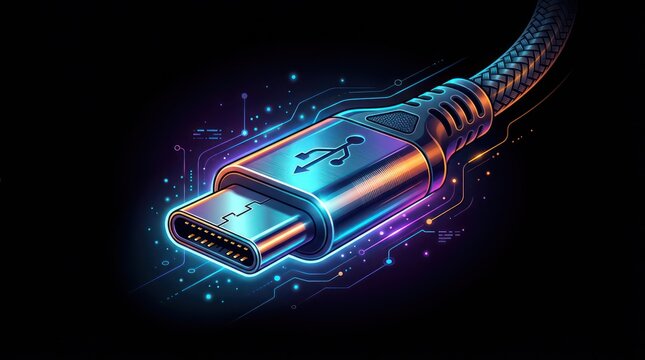 Close up view of high speed usb type c connector cable with digital data circuit elements.