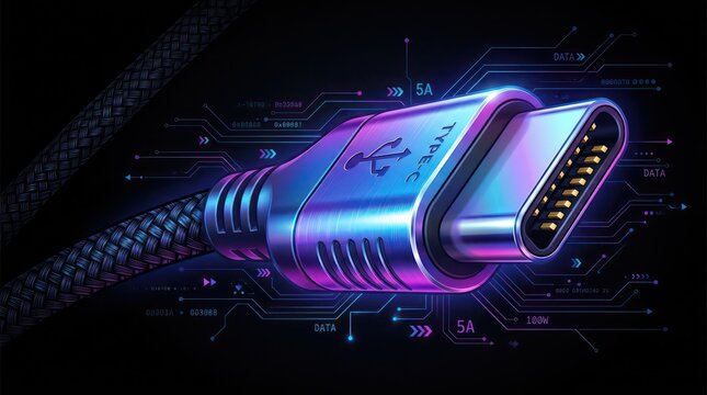 Advanced usb type c connector cable featuring power and data specifications on dark screen.