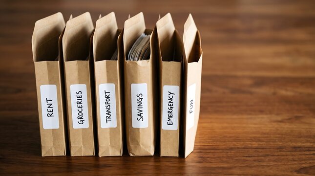 Row of six kraft paper budget envelopes with handwritten category labels rent groceries transport savings emergency fun in varying fullness on dark teak surface, envelope budgeting financial literacy 
