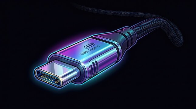 Glowing modern usb type c cable connector isolated against dark background with mesh cord.