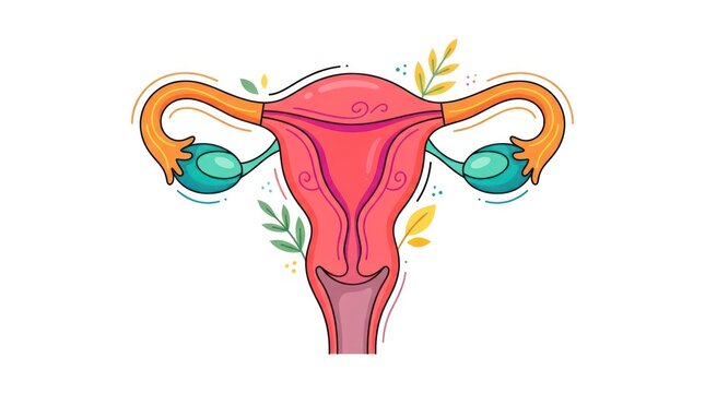 Flat vector illustration of female uterus and ovaries with floral decorative elements art.