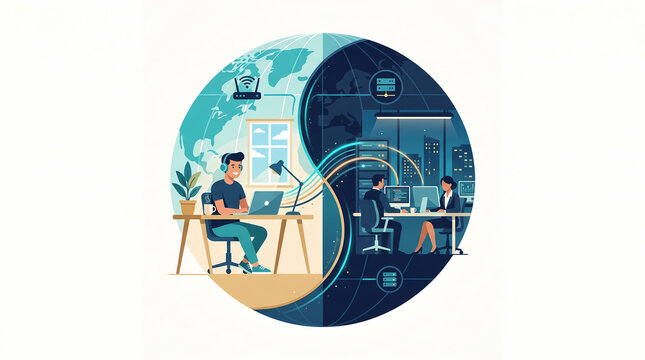Asynchronous Team Sync and Distributed Workforce: Global Remote Collaboration Editorial Vector with Split-Screen Day and Night Globe