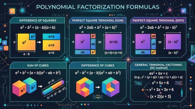 Detailed algebra infographic presenting common polynomial factorization formulas for students.