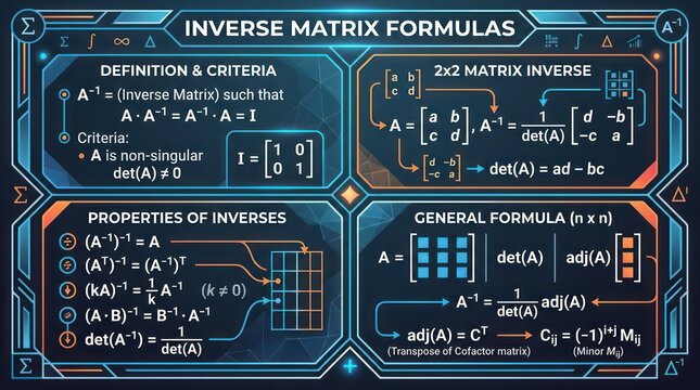 Inverse matrix formulas educational infographic showing definitions and linear algebra.