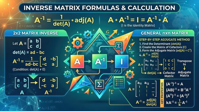 Inverse matrix formulas and calculation chart for students studying linear algebra math.