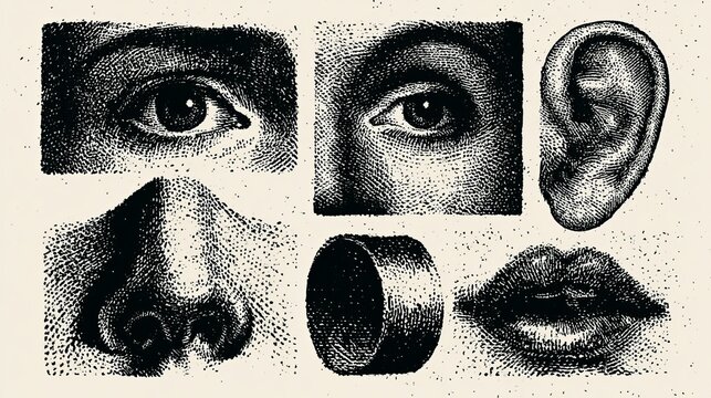 Retro photocopy-style facial features including eyes, ears, nose, and lips in a bold vintage vector design