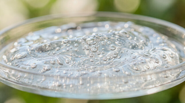 Macro close up background texture of a transparent cosmetic gel, hyaluronic acid serum or cooling aloe vera paste full of small oxygen air bubbles.