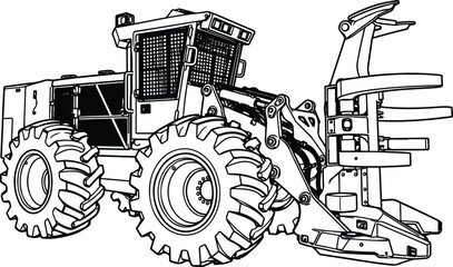 Obraz premium Detailed Forestry Skidder Line Art Coloring Page with Grapple Attachment