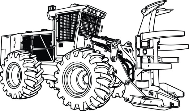 Detailed Forestry Skidder Line Art Coloring Page with Grapple Attachment