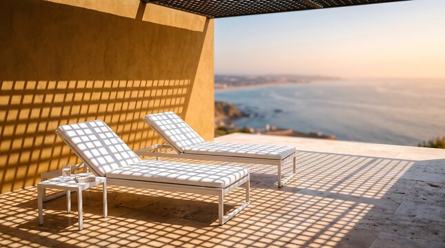 An elegant scene featuring two white sun loungers on a balcony at sunset, where an overhead pergola creates striking geometric shadow patterns across the floor and furniture, overlooking the sea