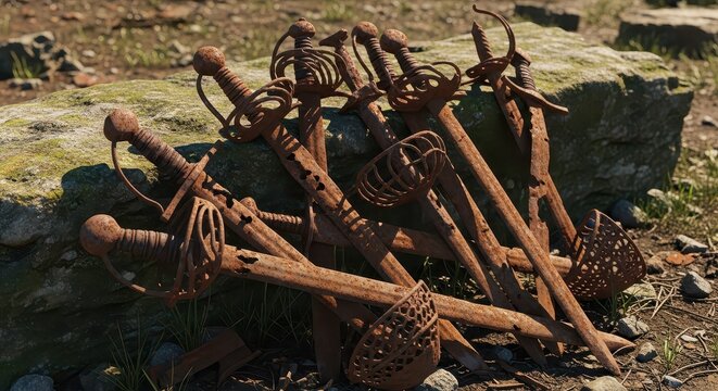 Collection of Rusty Iron Swords Outdoor Display