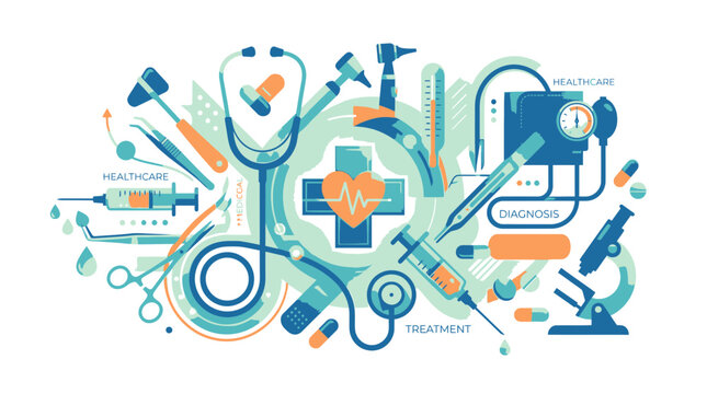 Medical equipment and tools are arranged on a table in a hospital setting.