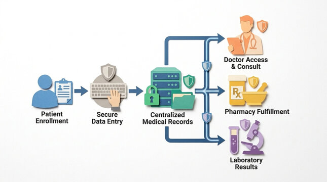 Healthcare Data Management System Illustration with Medical Records and Laboratory Results