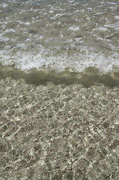 Waves on the summer sand beach with fresh clear water. 