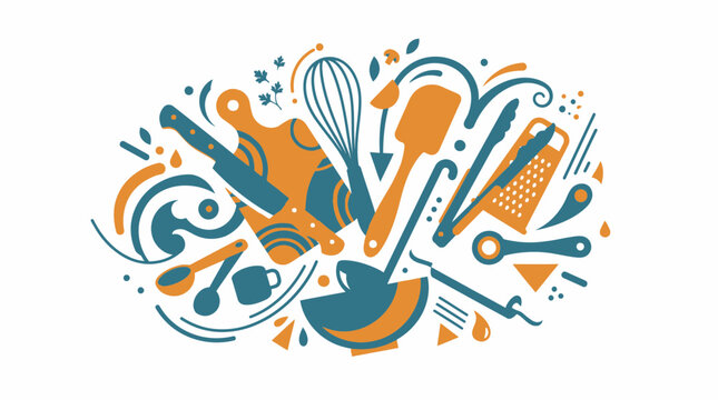 A vibrant illustration of various kitchen utensils and gadgets on a clean surface