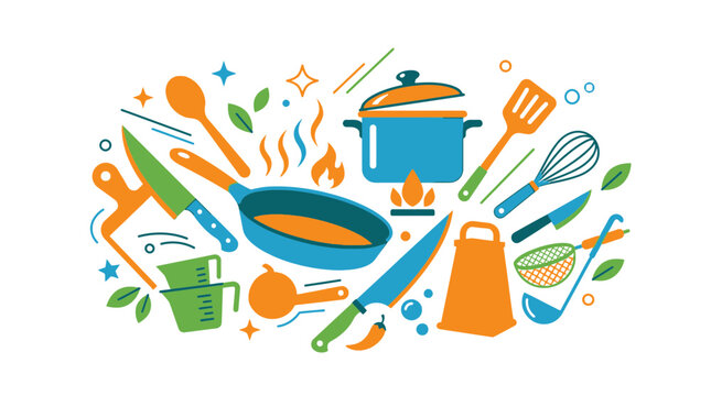 Colorful kitchen utensils and cookware arranged in a creative pattern on a table