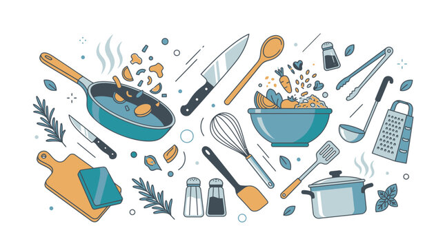 Cooking utensils and ingredients scattered on a kitchen countertop with food being prepared