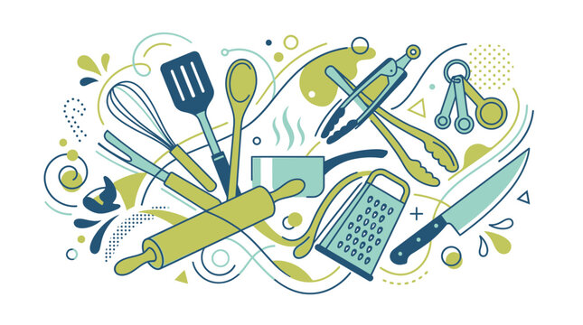 Kitchen utensils and tools arranged artistically on a clean surface