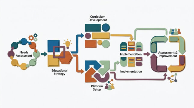 business process flow diagram illustrating development planning strategy implementation and assessment with colorful icons