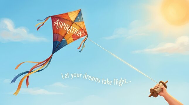 Colorful kite with the word Aspiration soaring in a bright blue sky with inspirational text