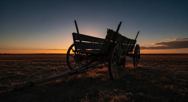 An old wooden wagon silhouetted against a dramatic sunset in a rural field