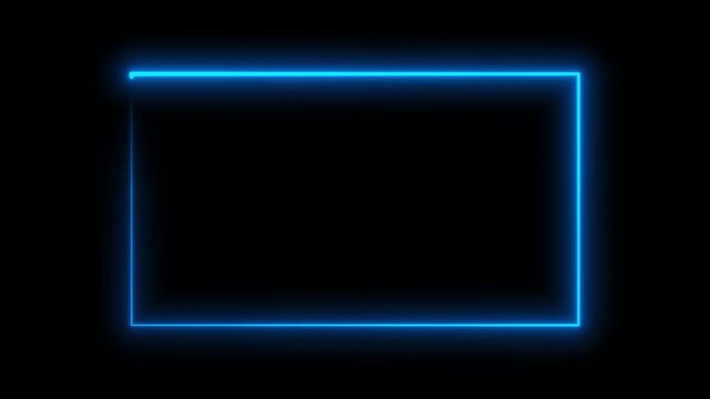 Blue light neon rectangle frame on a black background. Modern futuristic light border design suitable for video overlays, gaming intros, technology visuals, and digital motion graphics projects. 