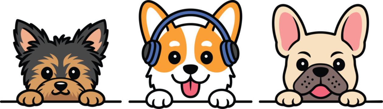 Cute cartoon dog breeds peeking over border including yorkshire terrier welsh corgi wearing headphones and french bulldog vector illustration on white background