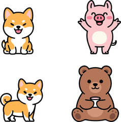 Fototapeta premium Cute cartoon animal characters set including two happy shiba inu puppies a joyful pink piglet and a sitting brown bear holding coffee cup vector illustration