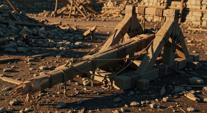 Ancient Wooden Catapult Mechanism in Ruined Battlefield Setting