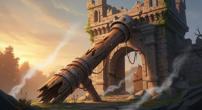 Broken Wooden Battering Ram Before Ancient Fortress Under Sky