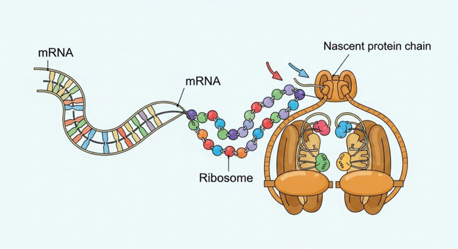 Illustration of molecular biology process showing dna rna transcription ribosome and protein synthesis in scientific style