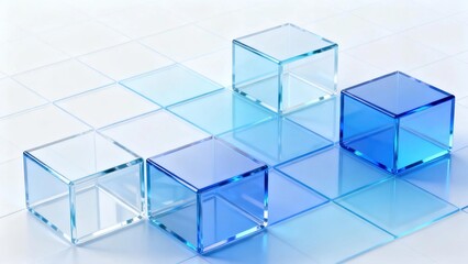 Fototapeta premium Four transparent gradient blue glass cubes arranged in diagonal line on light white grid background creates modern minimalist 3d geometric abstract clean design