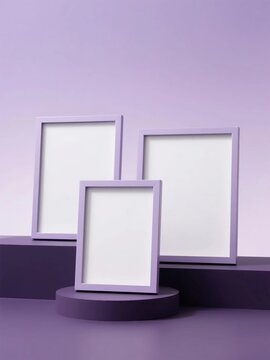 Three empty vertical purple picture frames arranged on stepped circular dark purple pedestal against soft light purple gradient background ready for custom photo or artwork display mockup