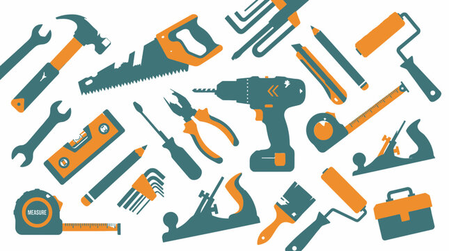 A collection of various tools scattered on a surface for industry work.