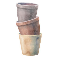 Naklejka premium Watercolor collection of stacked terracotta flower pots in Victorian garden style. Elegant botanical clipart for gardening projects, stationery, branding, patterns and storybook illustrations