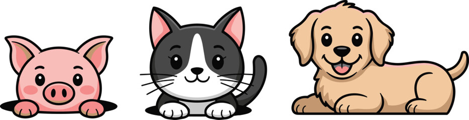 Cute cartoon animal characters set including pink piglet tuxedo cat peeking out of holes and happy lying golden retriever puppy vector illustration on white background © Josna