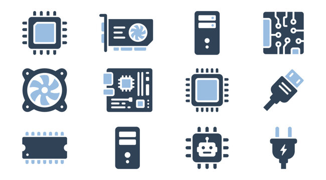 Computer Hardware and Server Infrastructure PC Components Vector Icon Set with CPU Processor Graphics Card Server Tower Solid State Drive Cooling Fan Motherboard Microchip USB Cable RAM Memory Mini PC