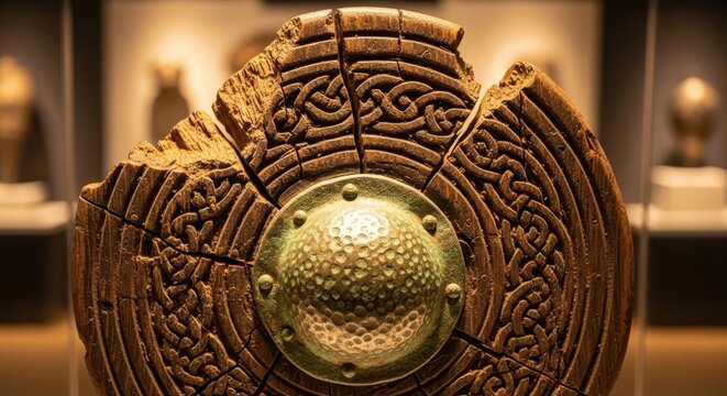 Ancient Wooden Viking Shield with Ornate Metal Boss and Intricate Carvings