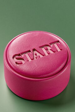 Round textured pink push button with engraved word START placed on solid muted green background represents fresh new beginning and business launch concept
