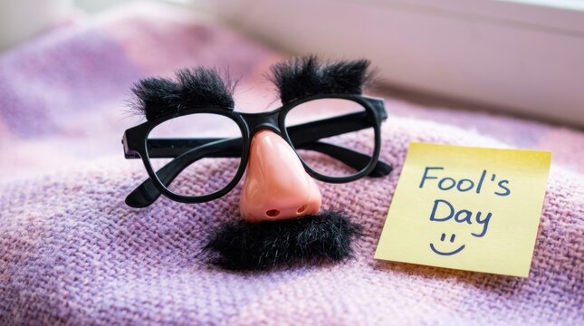 Funny disguise glasses with fake nose, eyebrows, and mustache next to a yellow sticky note with Fool's Day text on a soft purple knitted background.