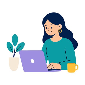 Young woman working on laptop vector illustration