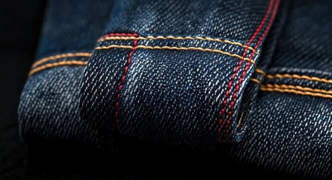 close-up of dark blue denim jeans with folded belt loop and contrasting red and yellow stitching, tactile rugged texture evoking durability