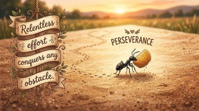 Ant Carrying Food Along Dusty Path at Sunset With Inspirational Quote