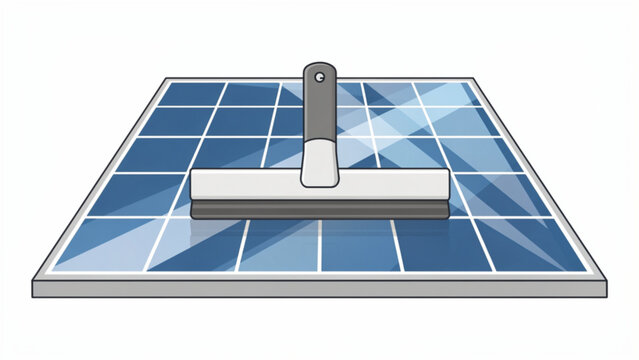 solar panel cleaning tool with squeegee on blue solar module for renewable energy efficiency