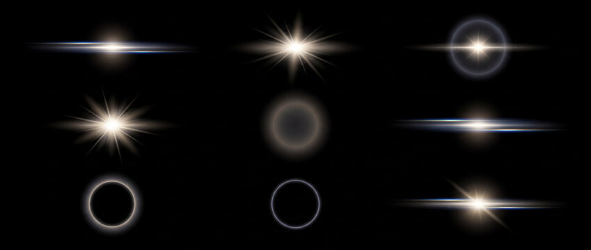 Anamorphic lens flare light effects set featuring glowing golden and blue streaks, bright starbursts, and circular rings on a dark background for cinematic video overlays and graphic design