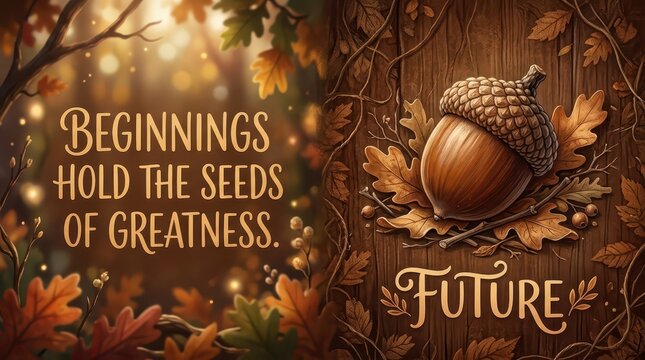 Autumn Acorn and Oak Leaves with Inspirational Text on Wooden Background