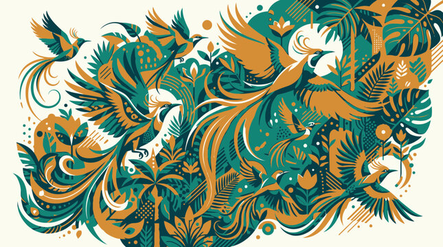 Vibrant illustration of birds and tropical plants in a lush environment