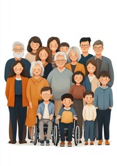 Obraz premium Large multigenerational family portrait with children, adults and elderly, including two wheelchair users, all smiling and standing together in warm supportive togetherness