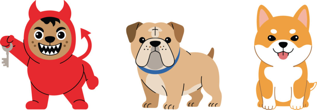 Cute cartoon character set including funny monster in red devil costume holding a key bulldog puppy and shiba inu vector illustration on white background