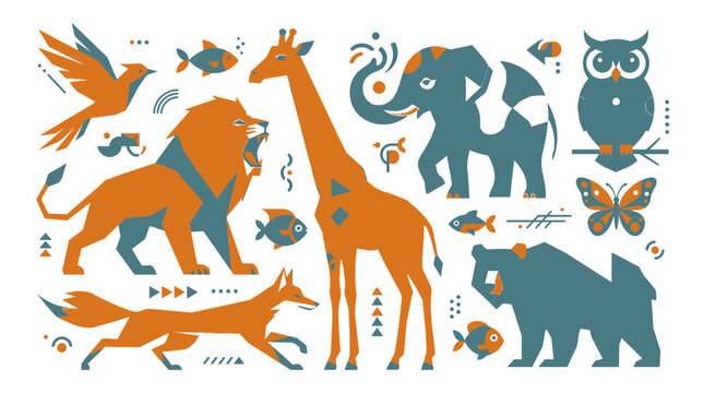 Vibrant wildlife scene with giraffe, lion, elephant, and various animals in savannah habitat, viewed from a distant perspective.